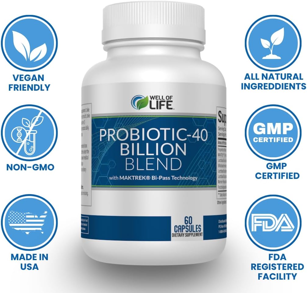 Well of Life Probiotic-40 Billion: Helps Gut Health & Digestive Support. 4 Strain Blend, 40 Billion CFU. Enhances Nutrient Absorption, Metabolism. 60 Capsules. Non-GMO, Made in USA.