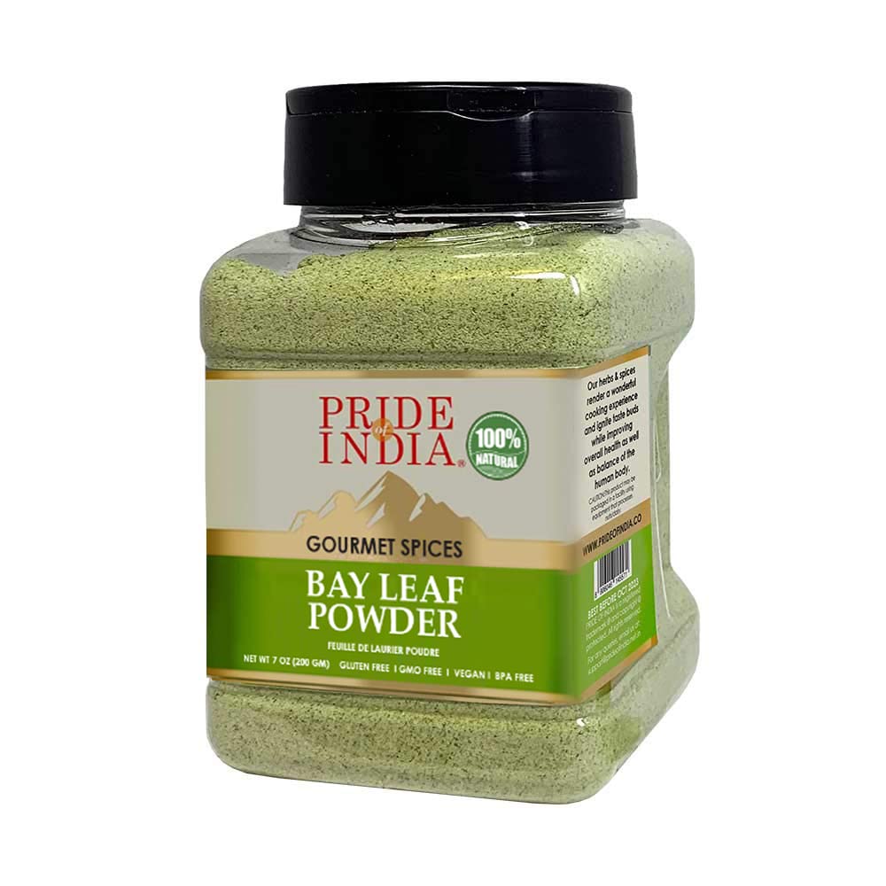 Pride of India – Bay Leaf Powder – Fresh & Authentic Bay Leaf Ground – Gourmet Spice – Good for Seasoning Stews/Soups/Tea – Easy to Store – 7 oz. Medium Dual Sifter Jar
