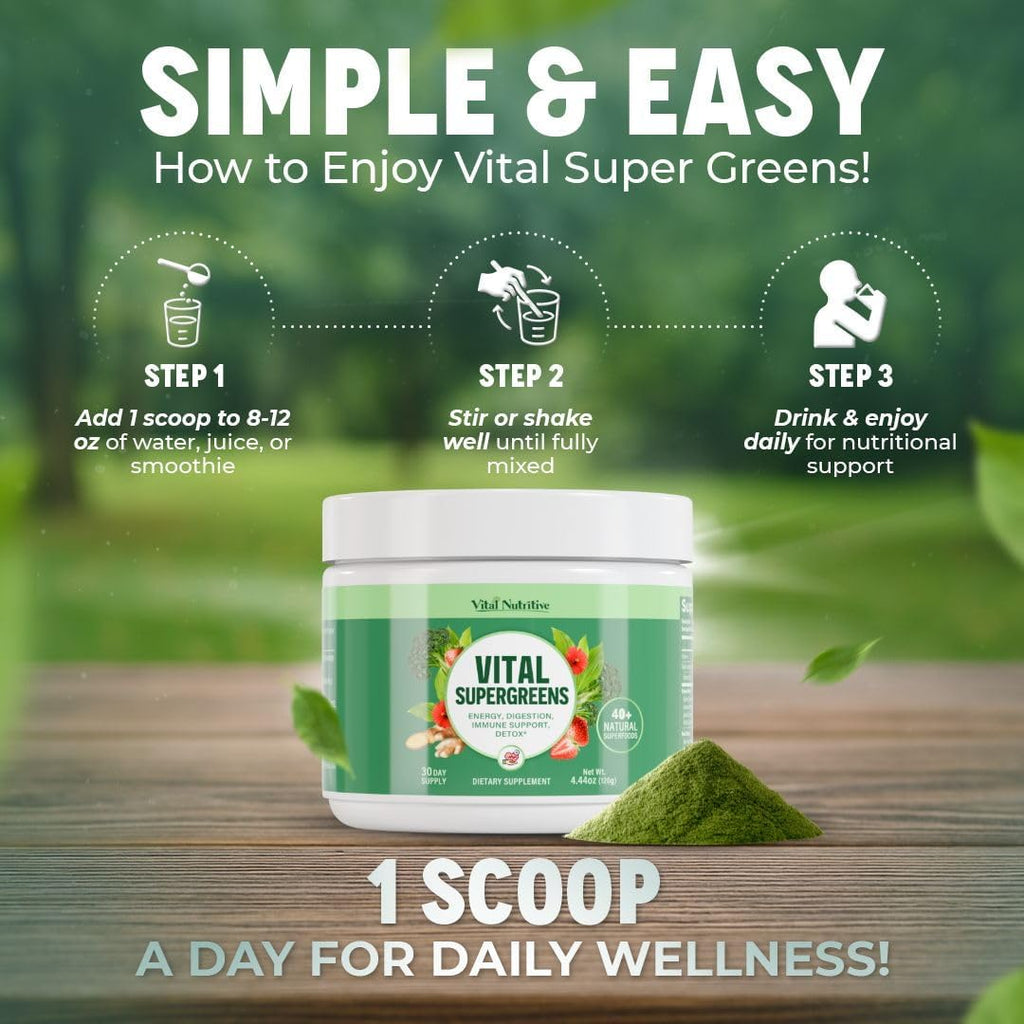 Vital Greens Superfood Powder – New Formula with 40+ Superfoods Daily Green Drink Powder w/Probiotics – Supergreens for Energy, Gut Health, Digestion Support, Plant-Based, Vegan Superfoods