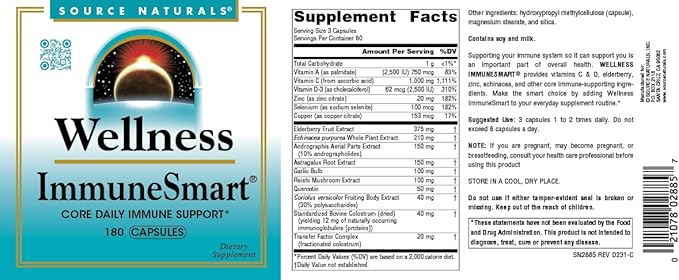 Source Naturals Wellness ImmuneSmart - for Core Daily Immune Support*, with Vitamins A, C, and D, Zinc, Elderberry, Echinacea, Andrographis, Turkey Tail and Garlic - 180 Capsules
