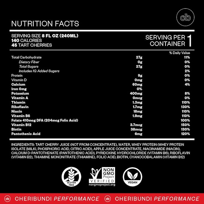 Cheribundi Tart Cherry Juice Protein | Tart Cherry Juice with Whey Protein | Athletes Recovery Drink | Promotes Restorative Sleep, Muscle Recovery & Boosts Athletic Performance | 8 floz (24 Pack)