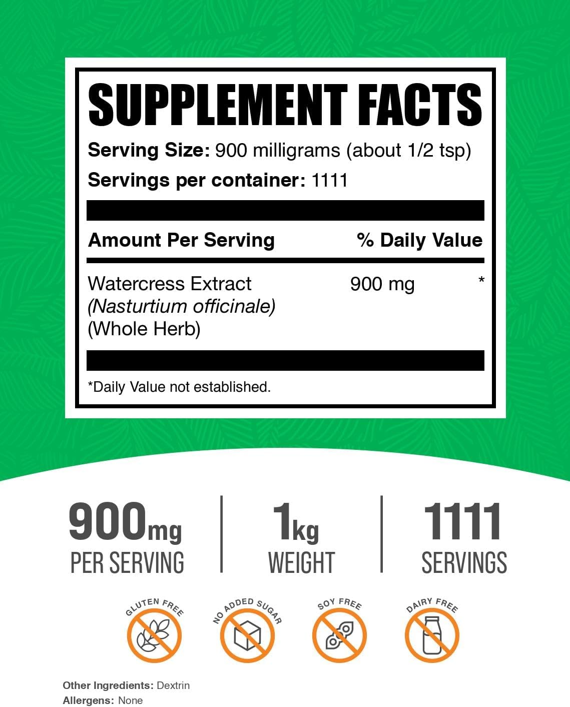 BulkSupplements.com Watercress Extract Powder - Nasturtium Officinale Extract, Watercress Powder - Gluten Free, 900mg per Serving, 1kg (2.2 lbs) (Pack of 1)