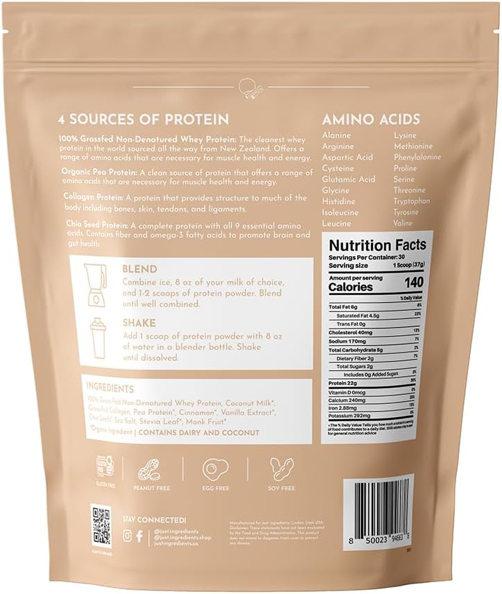 JUST INGREDIENTS Snickerdoodle Protein Powder - Grass-Fed Whey, Plant Proteins, Cinnamon Vanilla - 30 Servings