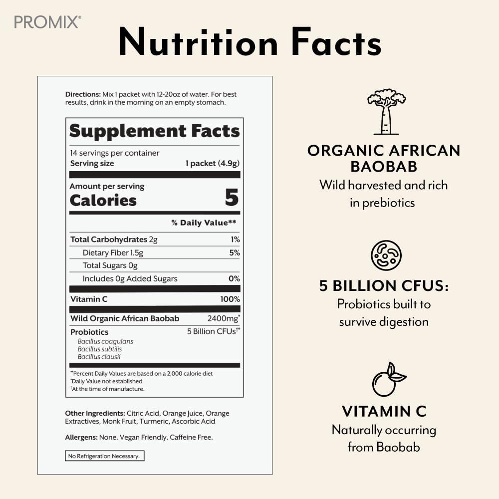ProMix Nutrition Debloat Prebiotics and Probiotics with Baobab - Rich in Vitamin C, Bloating Relief, Immune Support - Orange - 30 Servings (Pack of 30)