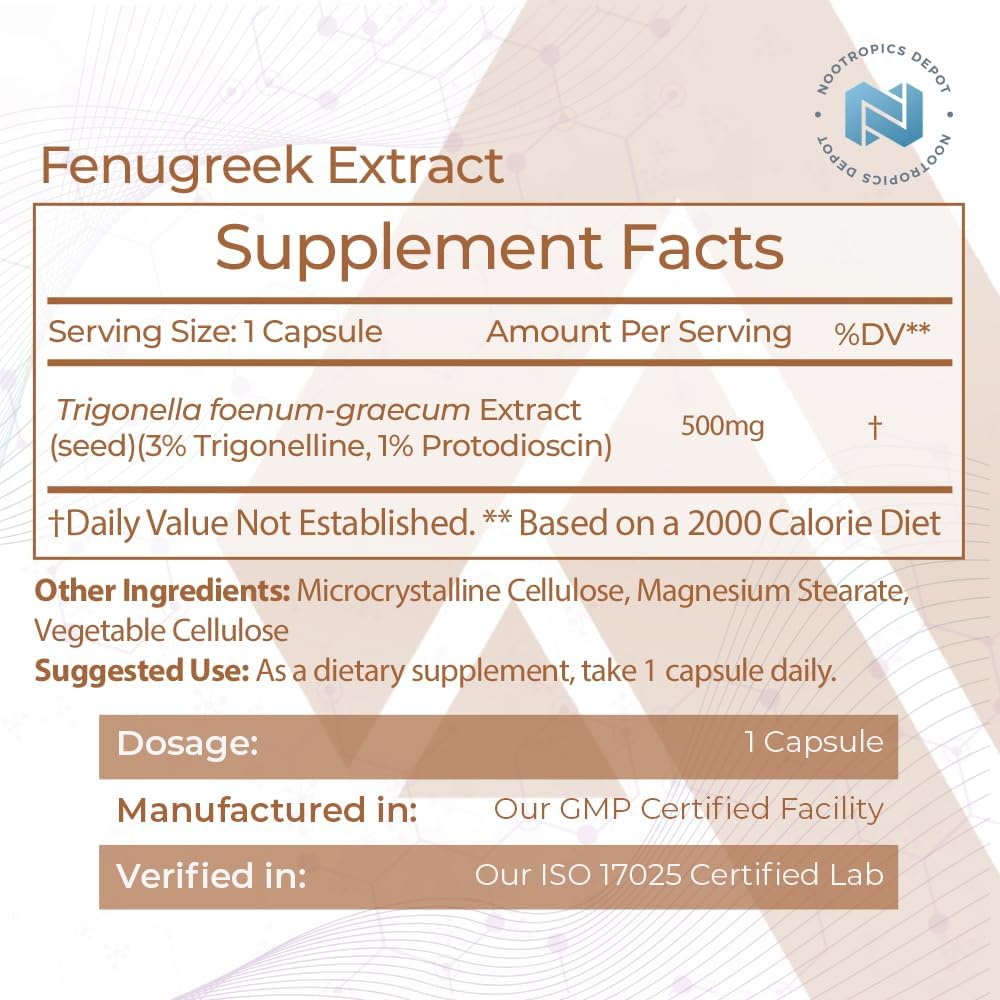 Nootropics Depot Fenugreek Extract Capsules | 500mg | 180 ct | 3% Trigonelline, 1% Protodioscin | Trigonella foenum-graecum | Mood, Fitness, & Metabolic Function