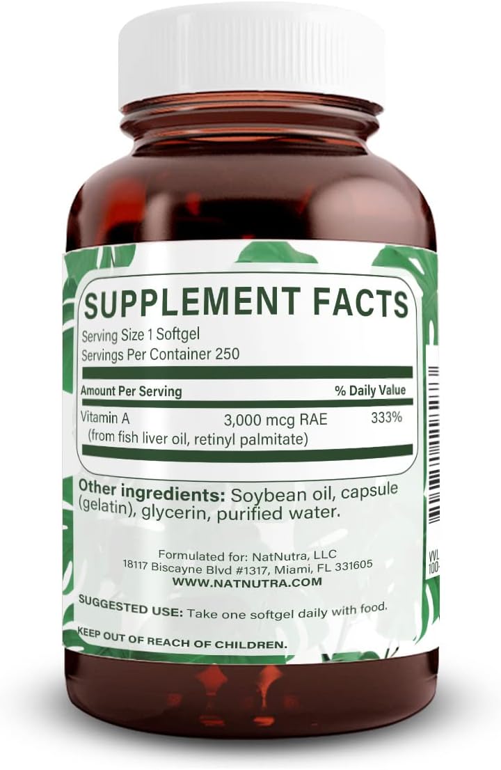 Natural Nutra Vitamin A 10,000 IU Softgels – High Potency Eye and Skin Vitamins – Gluten-Free Vitamin A Supplement for Sight & Skin Health – Fish Liver Oil for Men and Women, Gluten Free, 250 Softgels