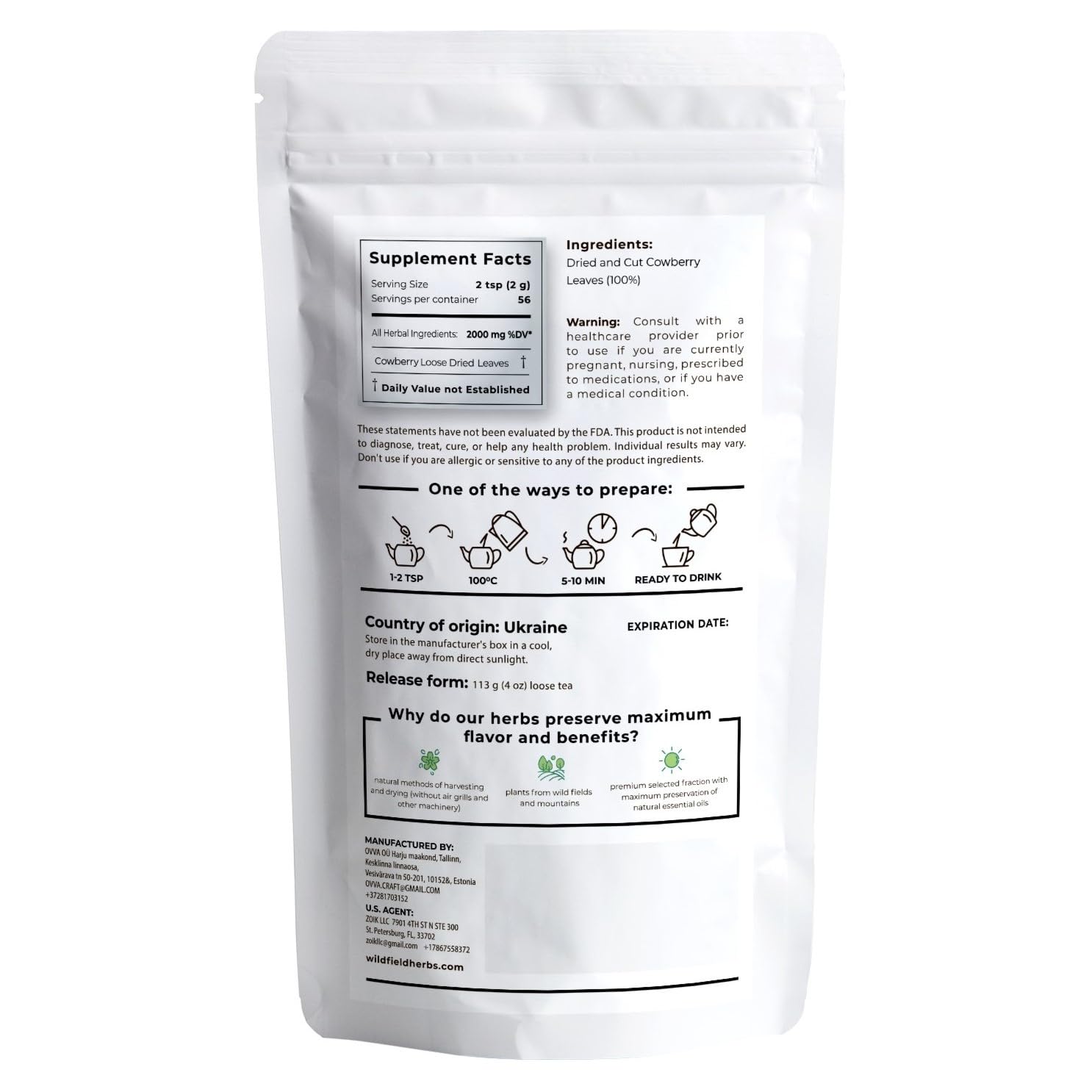 4 oz. Dried Cowberry Lingonberry Leaves Herbal Tea (Folium Vitis Idaea L.) - 113g Cowberry Leaf Herb Tea Hojas De Arándano Rojo (Arándano)