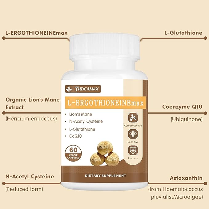 L-Ergothioneine (EGT) 30mg Supplement with Lion's Mane, NAC & Glutathione - Antioxidant for Cell Health, Cognitive & Immune Support, Healthy Aging - Non-GMO, Gluten Free, 120 Capsules (60 Servings)