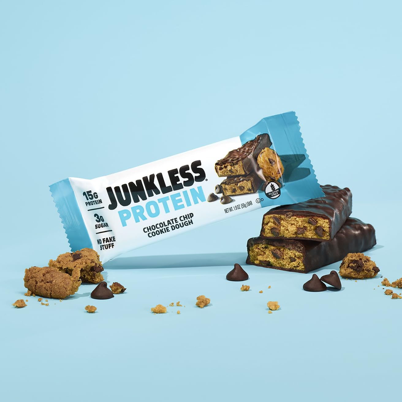 JUNKLESS Protein Bars - Chocolate Chip Cookie Dough - 15g Protein, No Added Sugar, Gluten Free, High Fiber, Delicious Taste and Texture, Satisfying, Healthy Snack for Energy - 12 Bars