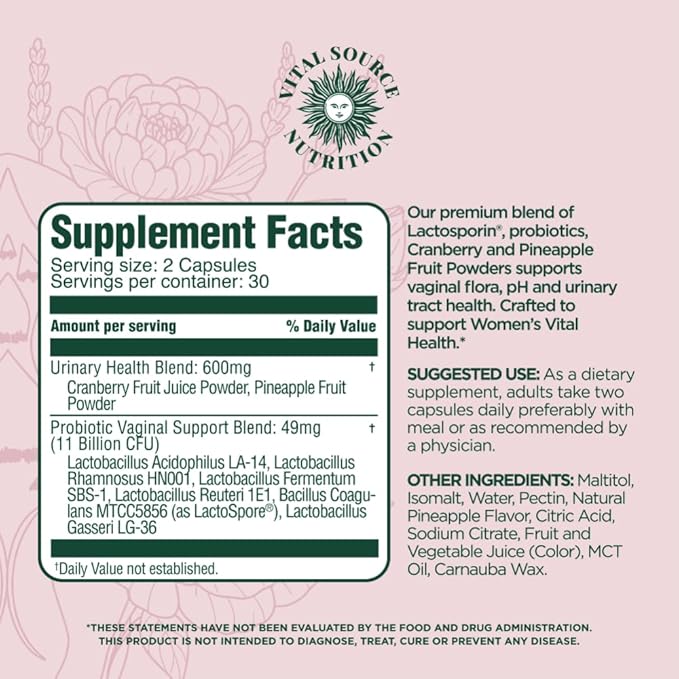 Vital Source Nutrition - ViXi - Feminine Balance Capsules - Vaginal Wellness & pH Support - with LactoSpore, Cranberry + Pineapple Fruit Powder -Supports Urinary Wellness & Healthy Flora -30 Servings