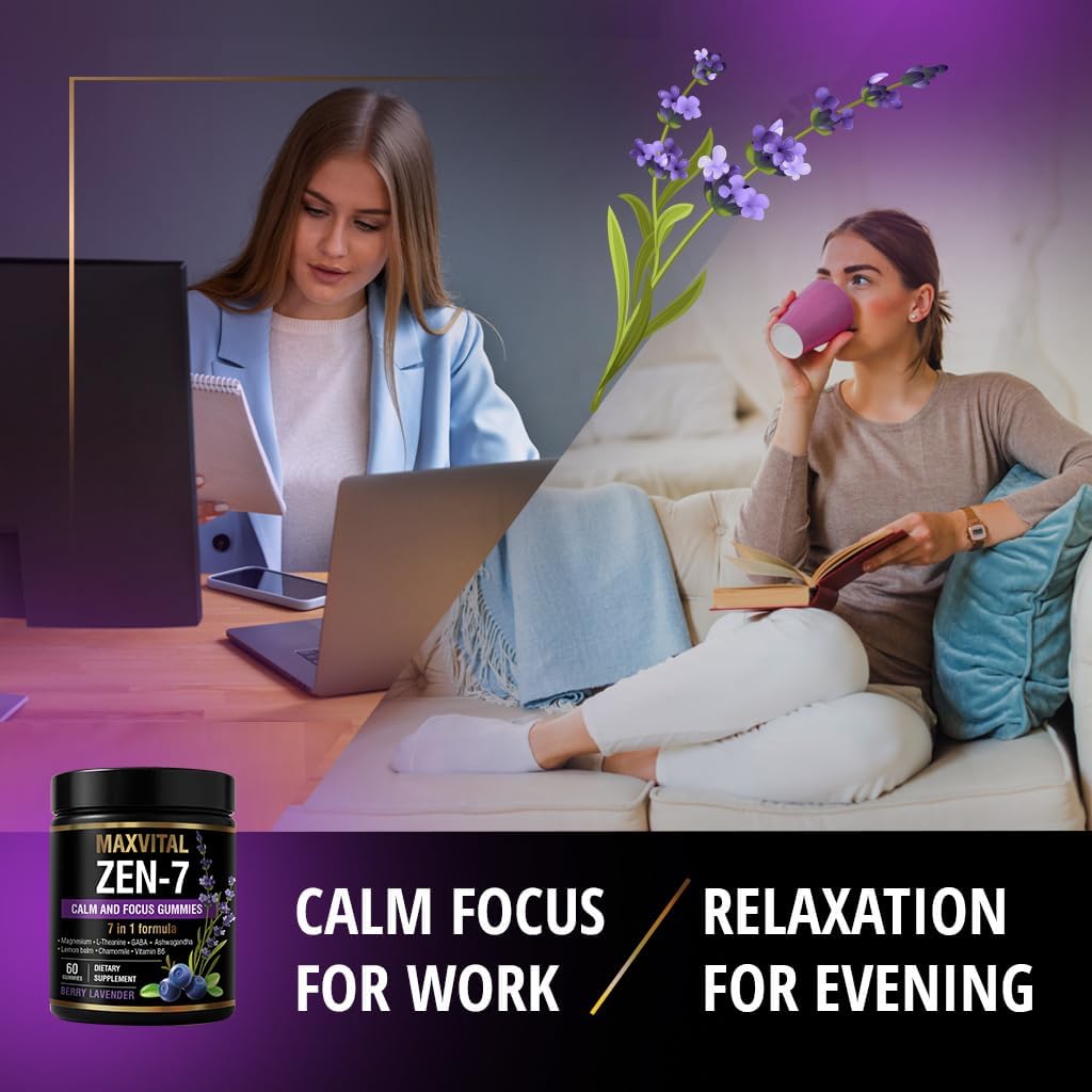 Zen-7 Calm & Focus Gummies – Sugar-Free Stress & Mood Support – Ashwagandha, L-Theanine, GABA, Lemon Balm, Chamomile, Magnesium & B6 – Berry Lavender Flavor – 60 Vegan Gummies