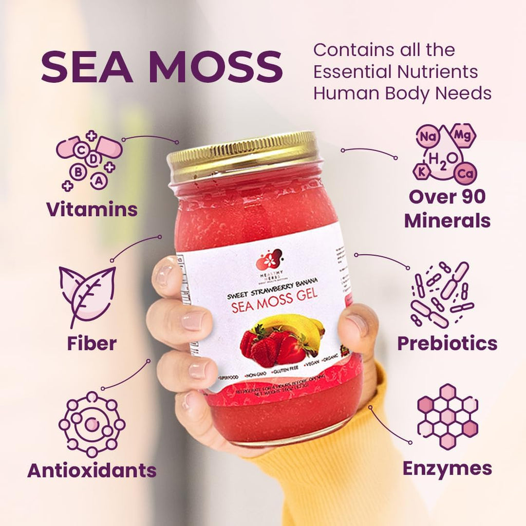 Healthy Herbs Sea Moss Gel (Sweet Strawberry Banana) Wildcrafted from Jamaican St Lucia Gold Seamoss | Wild-Harvested Superfood Rich In Essential Vitamins & Minerals | Vegan, Non-GMO, US-Made (16 oz.)