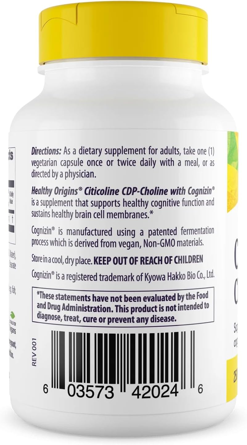 Healthy Origins Cognizin (Citicoline), 250 mg - Brain Supplement for Memory with Citicoline CDP Choline - Non-GMO, Vegan & Gluten-Free Supplement - 60 Veggie Capsules