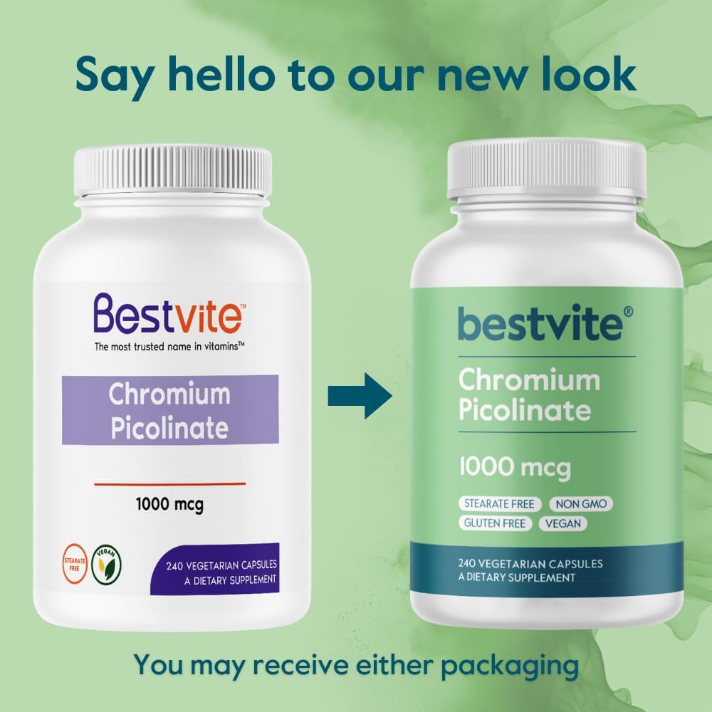 BESTVITE Chromium Picolinate 1000mcg (480 Vegetarian Capsules) (240 x 2) - No Stearates - No Dicalcium Phosphate - Vegan - Gluten Free - Non-GMO