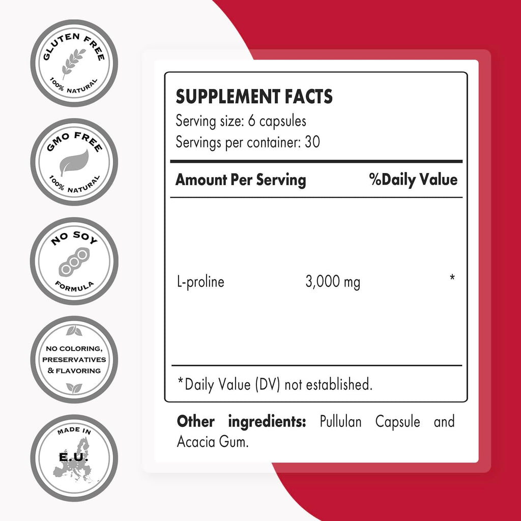 Supersmart - L-Proline 3000mg per Day (High Strength) - Normal Collagen Production - Amino Acid Proline Supplement | Non-GMO & Gluten Free - 180 Vegetarian Capsules