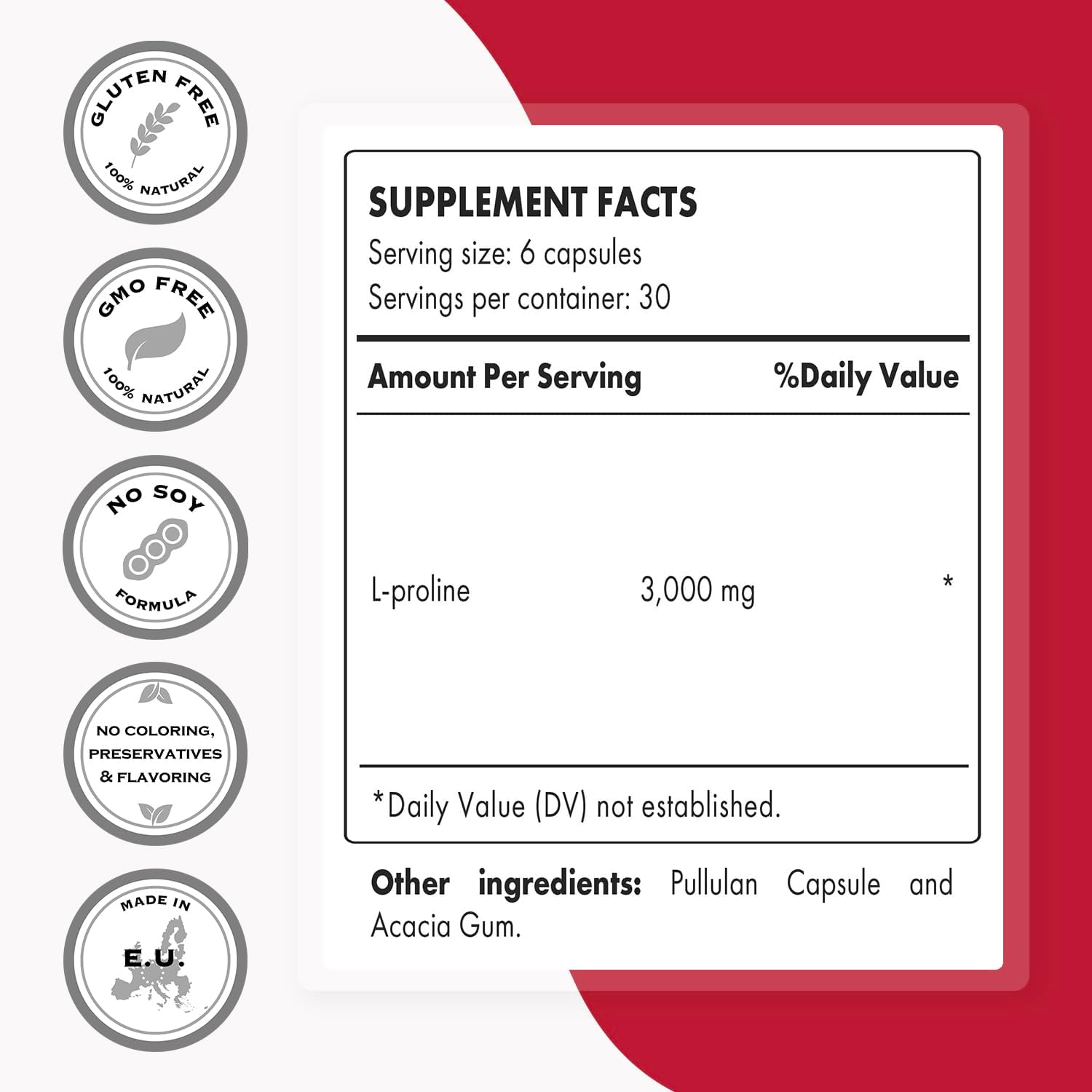 Supersmart - L-Proline 3000mg per Day (High Strength) - Normal Collagen Production - Amino Acid Proline Supplement | Non-GMO & Gluten Free - 180 Vegetarian Capsules