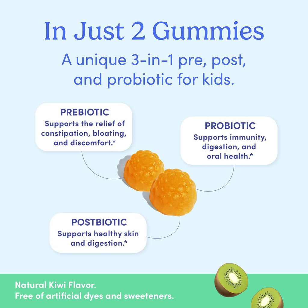 FIRST DAY Kids Probiotic Gummies - 3 in 1 Probiotics for Kids + Prebiotic & Postbiotic - Prebiotics & Probiotics for Digestive Health & Immune Support – Vegan, Gluten Free, 60-Day Supply