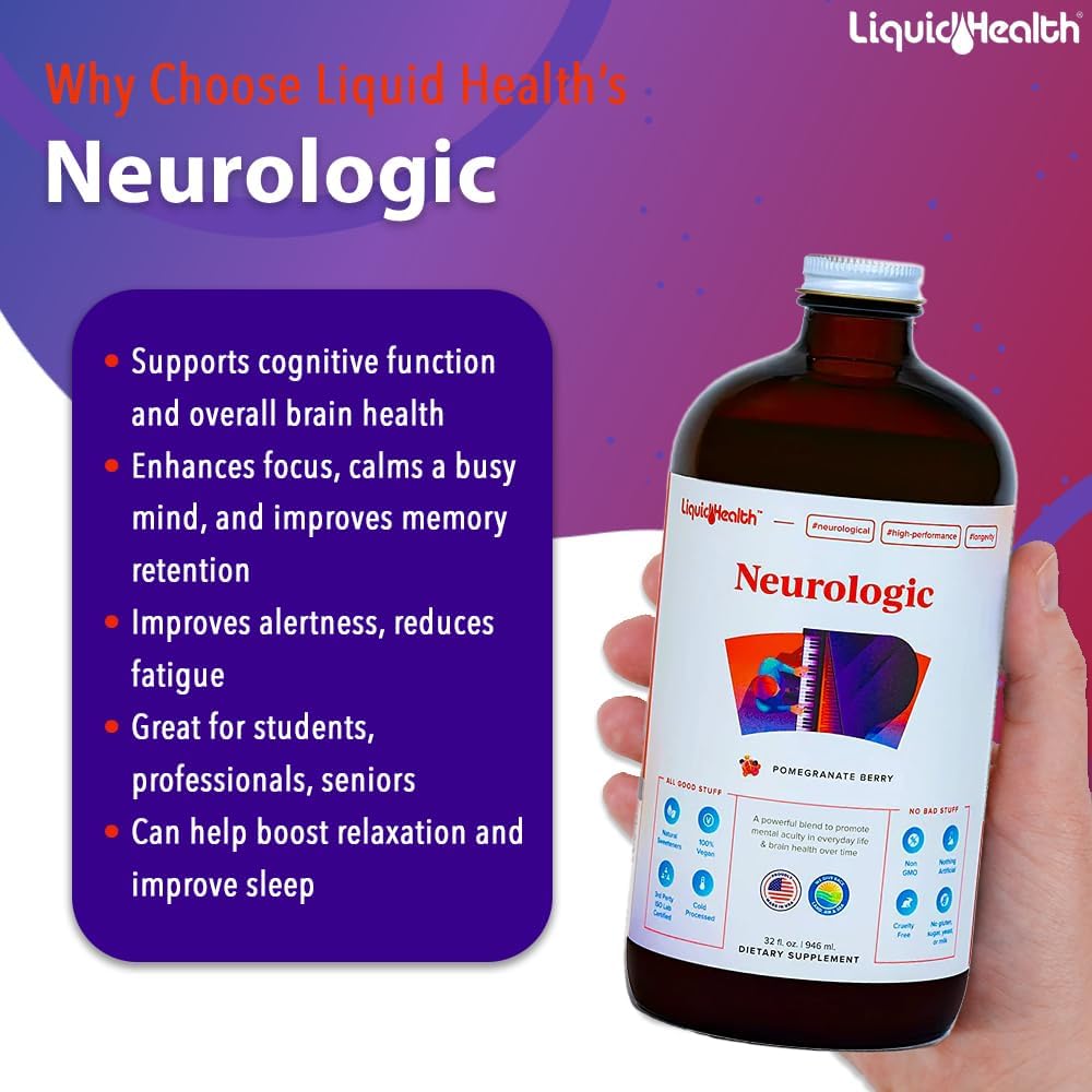 LIQUIDHEALTH Neurologic Focus Supplement - Brain Booster Nootropic Supplement for Cognitive Function, Memory & Focus with Ginkgo Biloba, Choline, L-Theanine & Phosphatidylserine - USA Made (3 Pack)