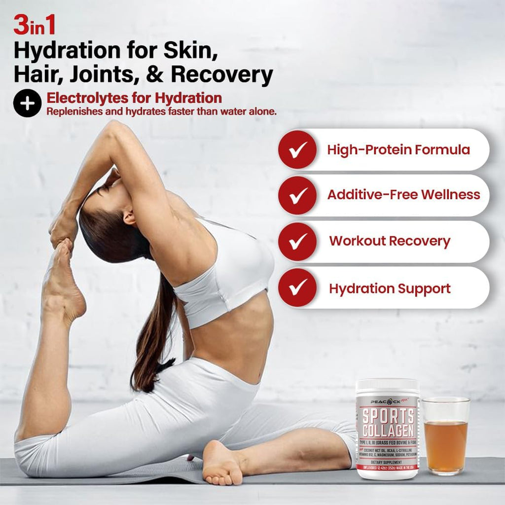 Sports Collagen Powder, 12.42 oz, Pack of 3 - Grass Fed Bovine & Wild Fish Hydrolyzed Type I, II, III Multi Collagen Peptides, Unflavored Protein Powder with BCAA, Magnesium & Electrolytes