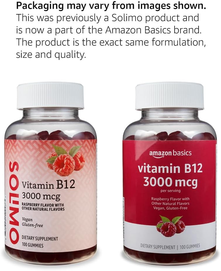 Amazon Basics Vitamin B12 3000 mcg Gummies, Normal Energy Production and Metabolism, Immune System Support, Raspberry, 200 Count (2 Packs of 100), 2 per serving