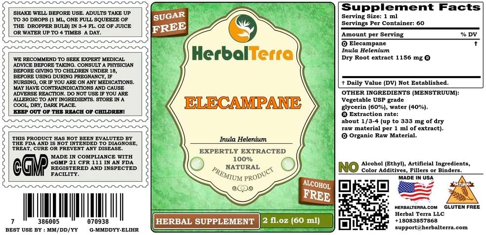 Elecampane (Inula Helenium) Glycerite, Organic Dried Root Alcohol-Free Liquid Extract 2 oz