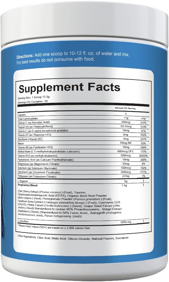 Combo+ L-Arginine 5000mg & L-Citrulline 1000mg Drink Mix, Cherry, Vitamins B12, C, D3, Taurine, CoQ10, Beet Root, 30 Servings, Nitric Oxide and Cardiovascular Support Supplement 390g