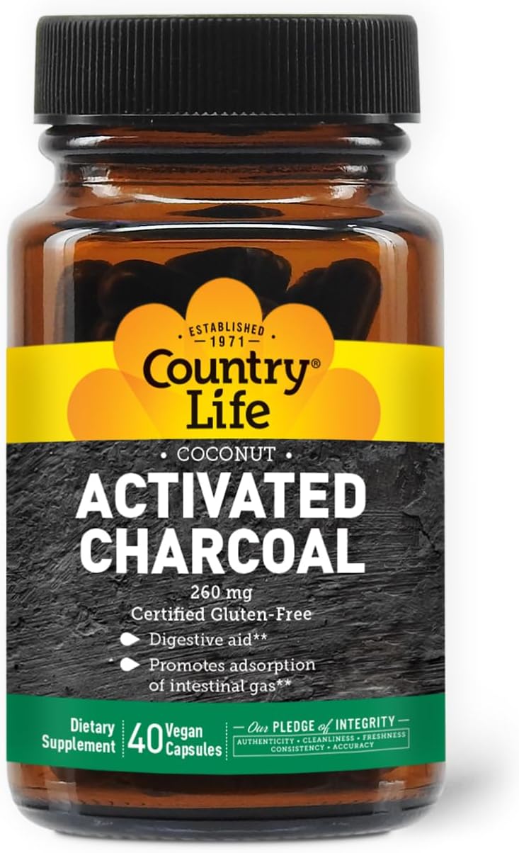 Country Life Coconut Activated Charcoal Capsules, 260mg – Natural Charcoal Supplement for Gas and Bloating Relief - Gluten-Free, 40 Vegan Capsules