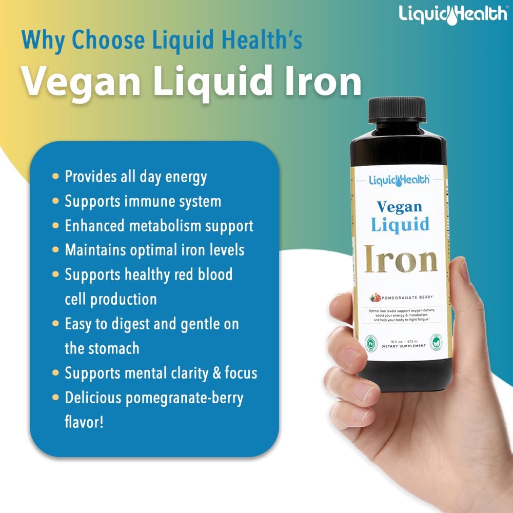LIQUIDHEALTH Vegan Liquid Iron Supplement with SunActive & Ferrochel Iron - Natural Energy, Immune System & Metabolic Support, Increase Mental Clarity, Prenatal/Postnatal - USA Made, Non-GMO (16 oz)