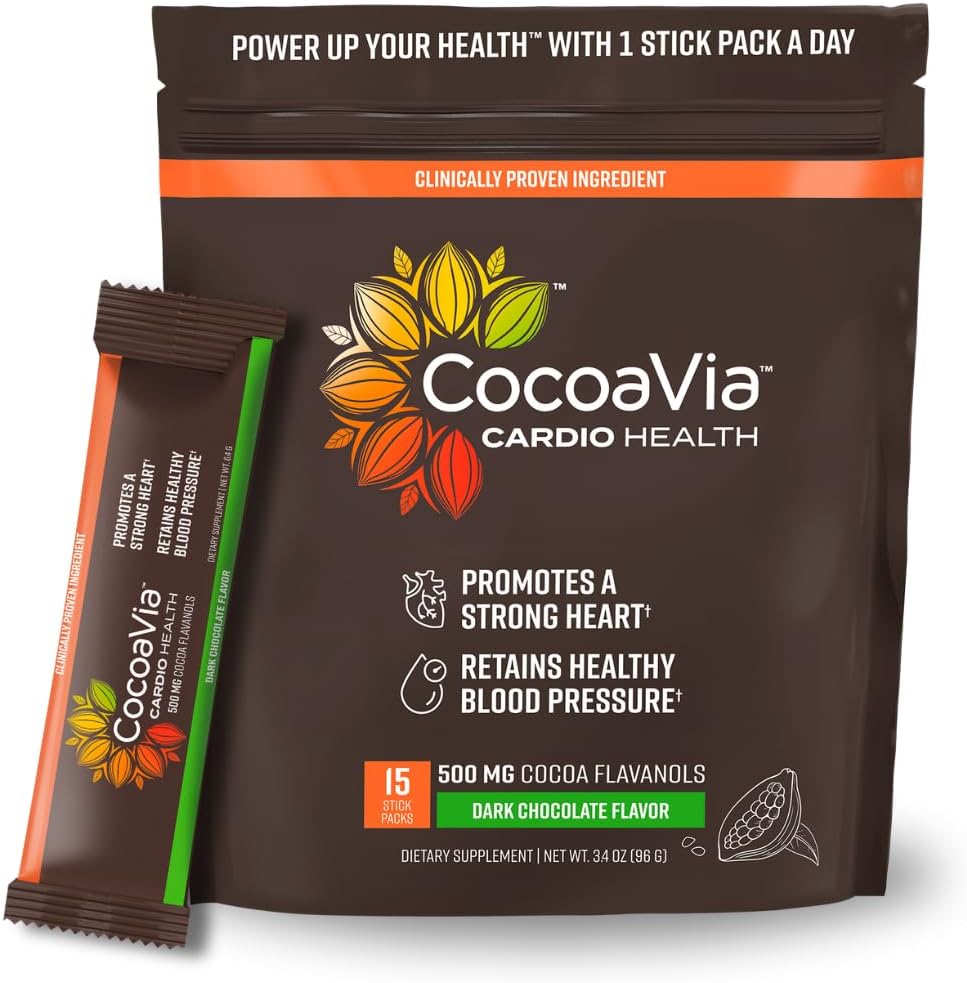 CocoaVia Cardio Health Cocoa Powder, 15 Single Serve Sticks, 500mg Cocoa Flavanols, Support Heart Health, Boost Nitric Oxide, Improve Circulation, Energy, Preworkout, Travel-Friendly, Vegan, Cacao