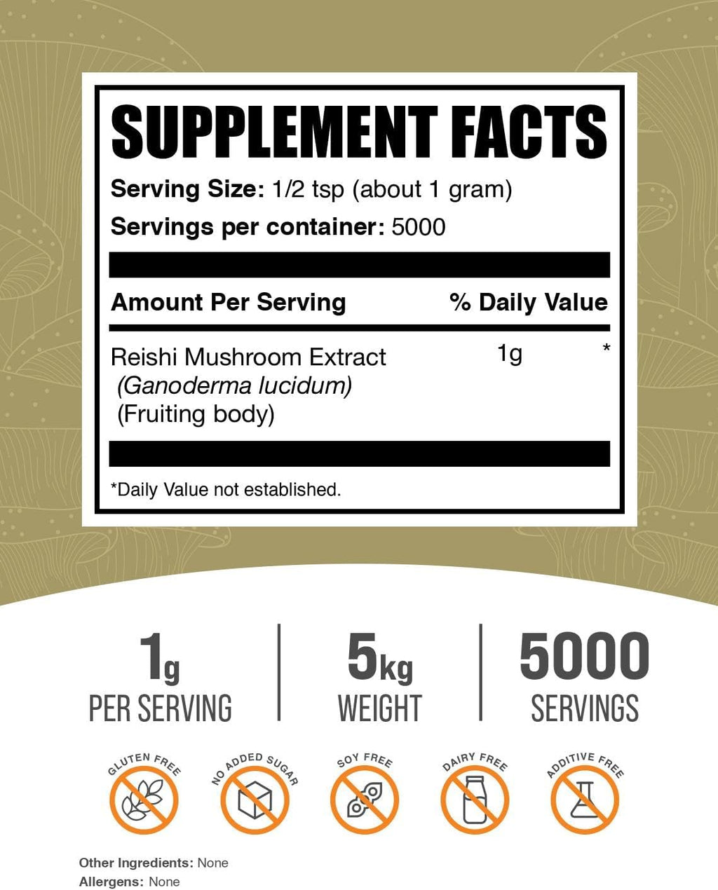 BulkSupplements.com Reishi Mushroom Extract Powder - Reishi Mushroom Powder, Supplement for Overall Well-Being - Gluten Free, 1g per Serving, 1kg (Pack of 5) (11 lbs)