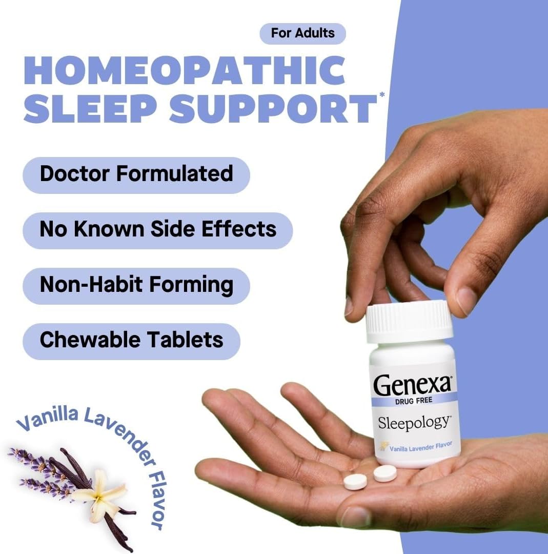 Genexa Sleepology for Adults | Melatonin Free Sleep Calm Aid |Soothing Natural Vanilla & Lavender Flavor | Certified Organic & Non-GMO | Homeopathic Remedy Made Clean | 180 Chewable Tablets (3 Pack)