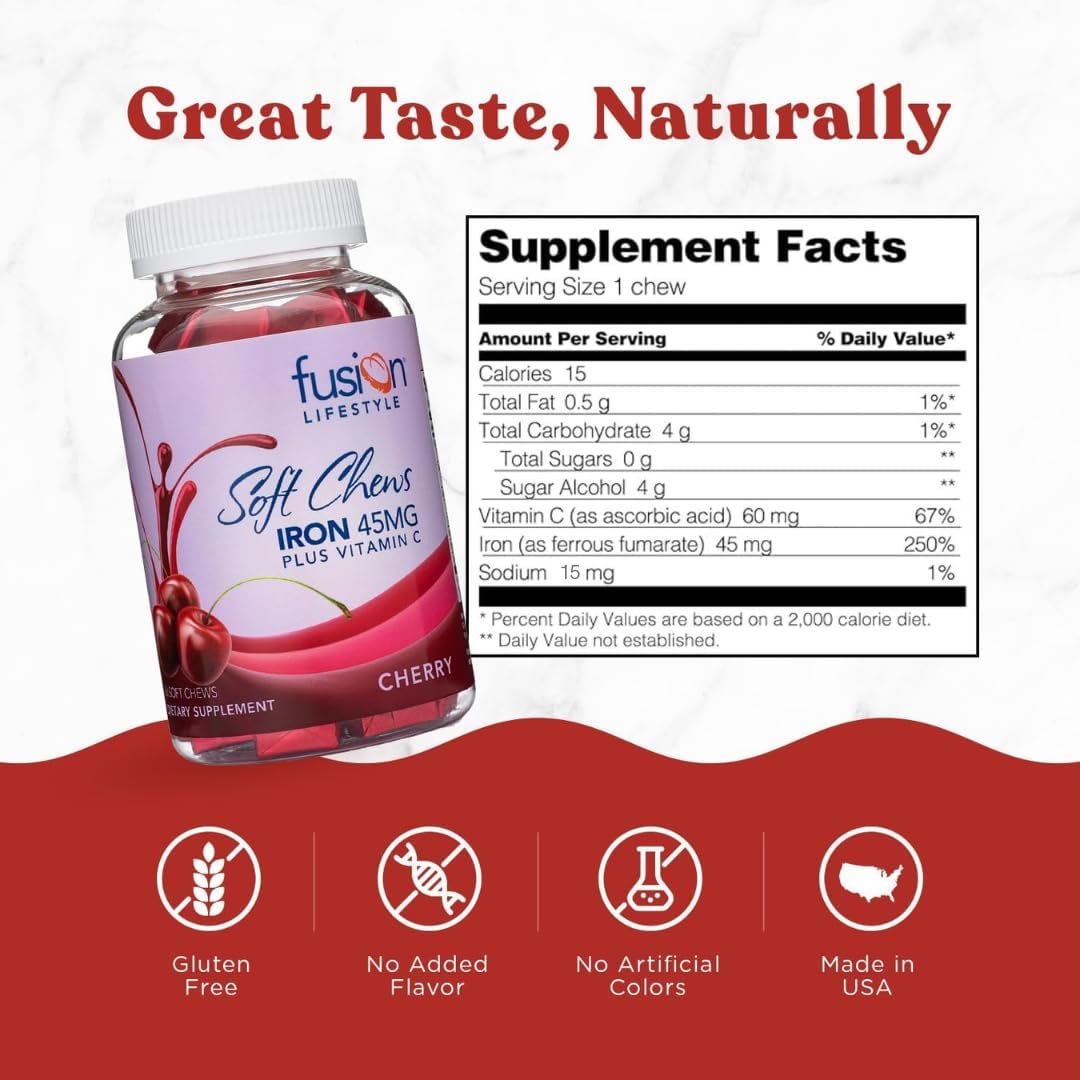 Chewable Iron Supplement for Women & Men - Cherry Flavor, Iron Vitamin C Soft Chew for Max Absorption, Iron as Ferrous Fumarate, Ideal for Anemia and Iron Deficiency, 2 Month Supply