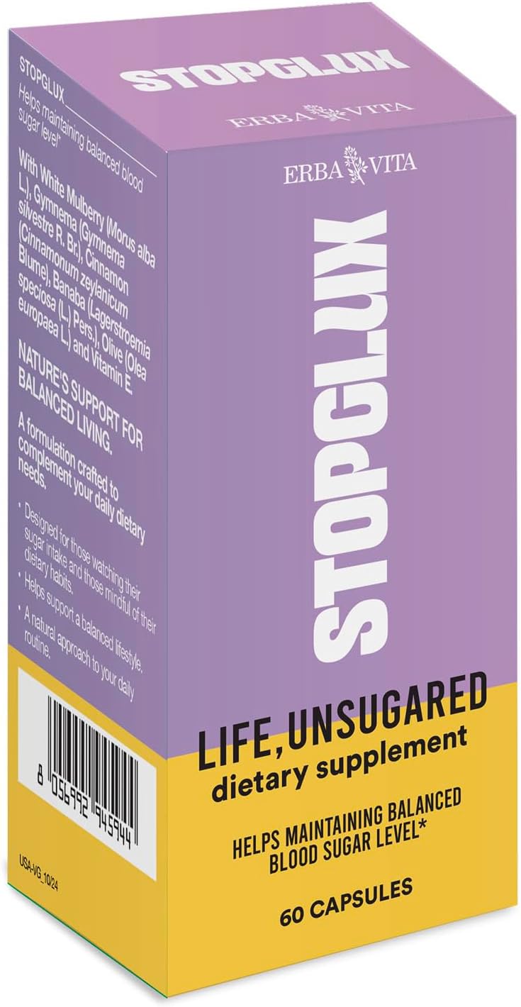 Stopglux 60 Capsules – Dietary Supplement for Sugar Intake and Dietary Habits with Chromium Picolinate, Coenzyme Q10 and Gymnema Sylvestre