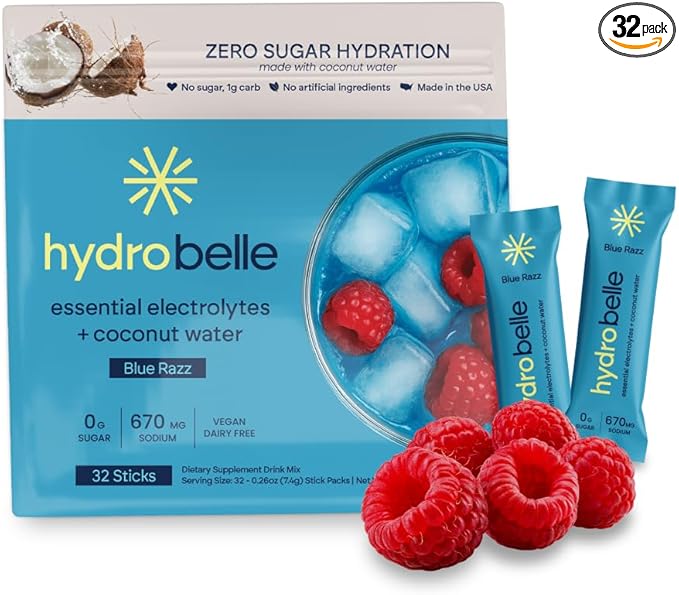 Belle HydroBelle Electrolyte Powder Drink Mix, Blue Razz, Sugar Free Hydration Packets Made with Coconut Water and Electrolytes, Vegan, Keto, and Dairy Free, Travel Friendly, 32 Count