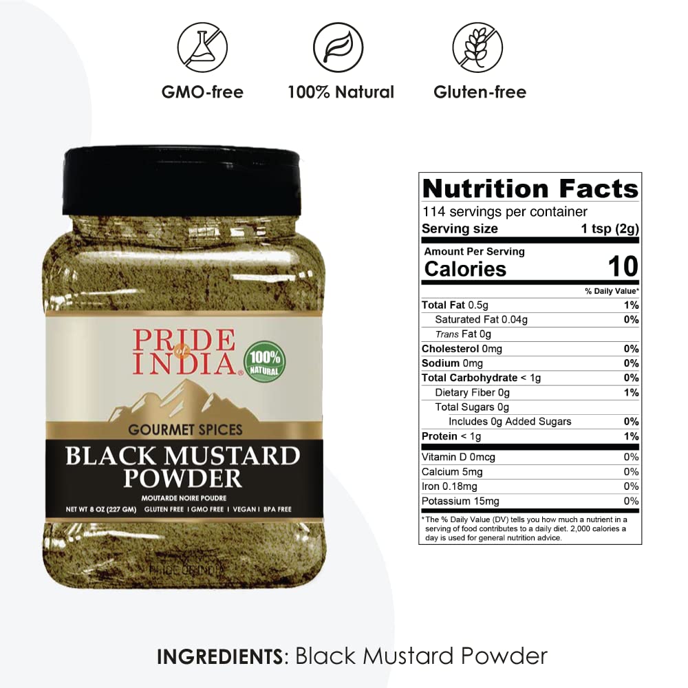 Pride Of India- Organic Black Mustard Seed Ground - 18 oz (510gm) Large Dual Sifter Jar - Certified Pure Indian Vegan Spice- Best for Pickling, Chutney, Indian Food- Offers Best Value for Money
