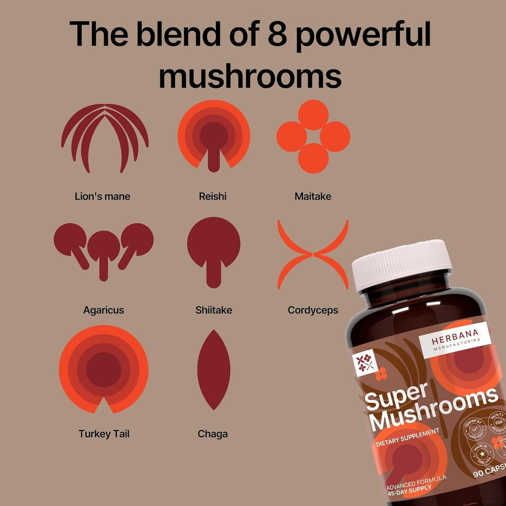 Super Mushrooms 8-in1 Capsules - Brain Booster & Immune Support Drops - Reishi, Lion`s Mane, Cordyceps, Chaga, Mitake, Turkey Tails, Shiitake, Agaricus - High Potency Extract 90 Capsules