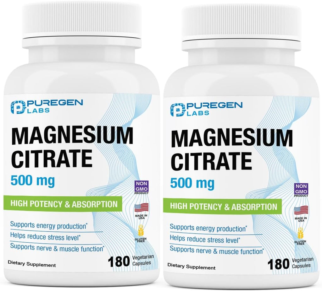 Magnesium Citrate 500 mg | High Potency Elemental Magnesium | Total 360 Veggie Caps, Superior Absorption, Non-GMO, NO Gluten and Dairy, Supports Muscle, Joint, and Heart Health