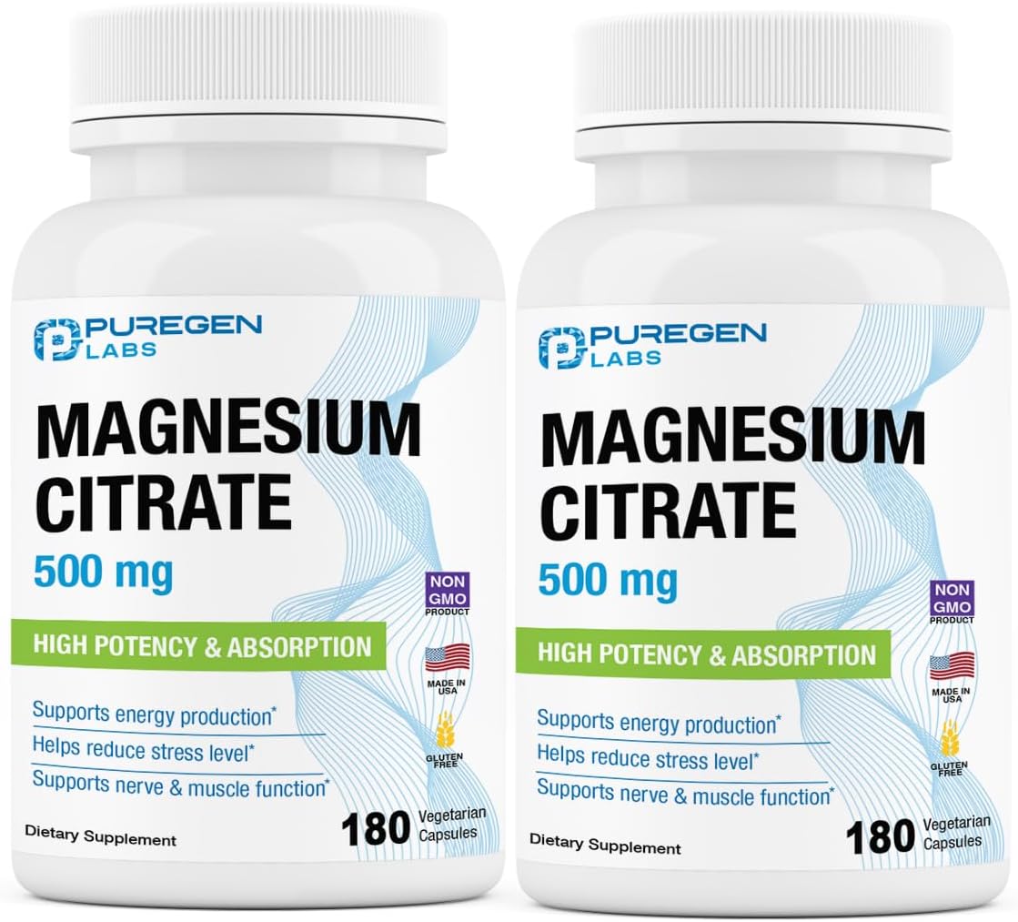 Magnesium Citrate 500 mg | High Potency Elemental Magnesium | Total 360 Veggie Caps, Superior Absorption, Non-GMO, NO Gluten and Dairy, Supports Muscle, Joint, and Heart Health