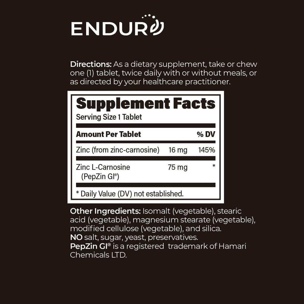 Endur PepZinGI ZINC-CARNOSINE Chewables, Digestive Supplement, Gentle & Effective Formula for Digestive Wellness, Gluten Free, 75mg (60 Tablets)