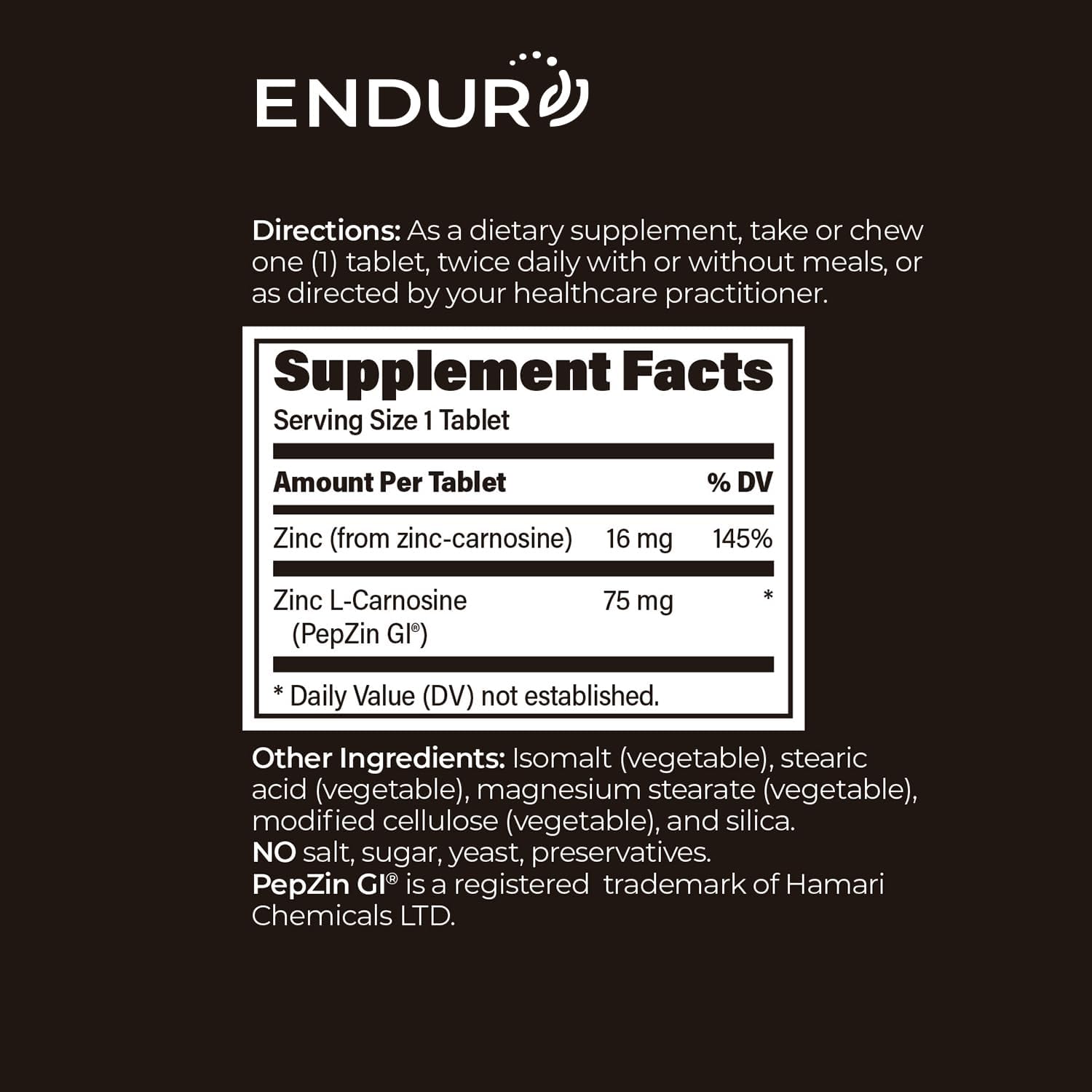 Endur PepZinGI ZINC-CARNOSINE Chewables, Digestive Supplement, Gentle & Effective Formula for Digestive Wellness, Gluten Free, 75mg (60 Tablets)