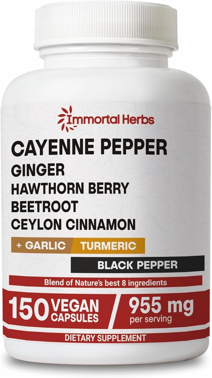Cayenne Pepper Capsules w/Garlic, Ginger, Hawthorn, Turmeric, Cinnamon, Beet Root and Black Pepper Extract, 150 Cayenne Capsules, Non-GMO & Gluten Free Capsaicin Supplement
