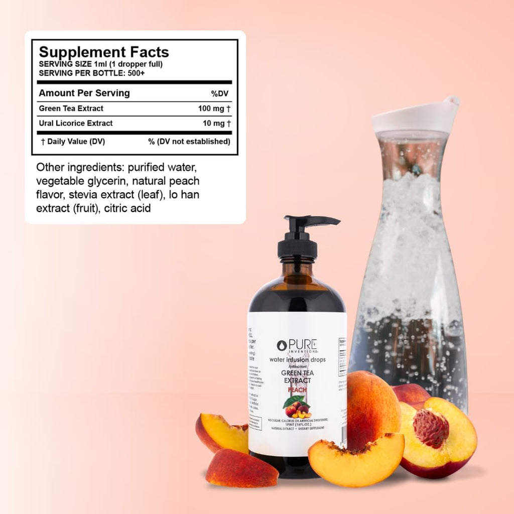 Pure Inventions - Green Tea Peach Water Infusion Drops - Antioxidants & Electrolytes - Health & Wellness Drink - Immunity Support - Sugar Free, Zero Calorie, No Artificial Sweeteners - 500 Servings