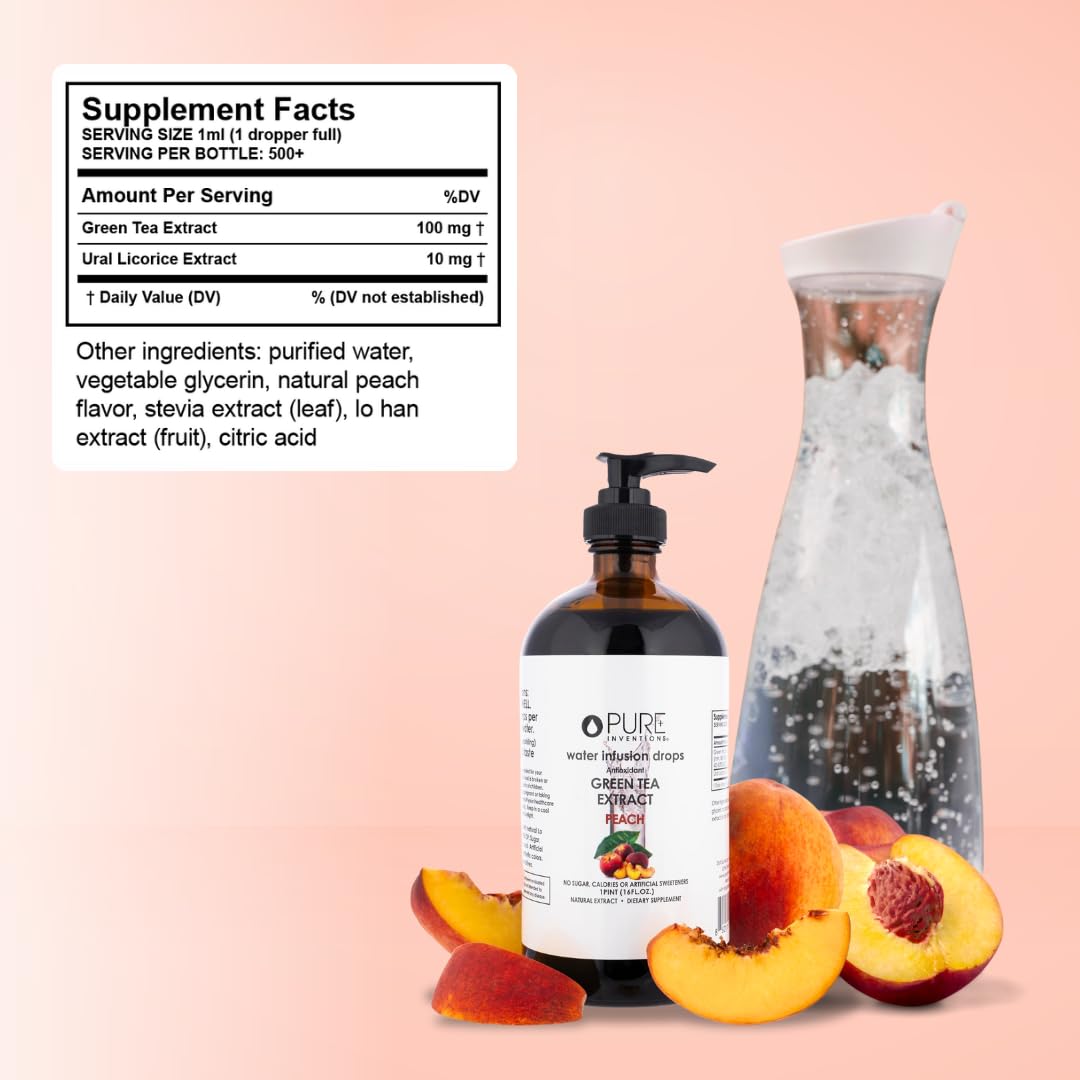 Pure Inventions - Green Tea Peach Water Infusion Drops - Antioxidants & Electrolytes - Health & Wellness Drink - Immunity Support - Sugar Free, Zero Calorie, No Artificial Sweeteners - 500 Servings