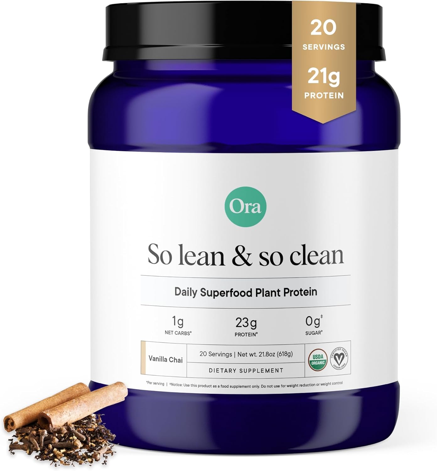 Ora Organic Vegan Protein Powder - 23g Plant-Based Protein Powder for Women and Men | Clean Protein Source, Keto Friendly, Gluten Free, Paleo, Dairy-Free, Soy-Free - Vanilla Chai - 20 Servings