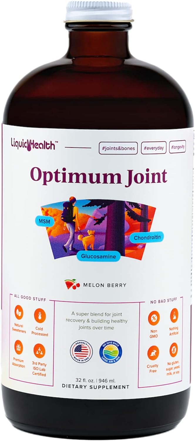 LIQUIDHEALTH Optimum Joint Support Supplement with Glucosamine, Chondroitin, MSM, Hyaluronic Acid - Triple Strength Liquid Vitamins, Gluten-Free, Dairy-Free, Soy-Free Joint Juice, Made in USA (32 oz)