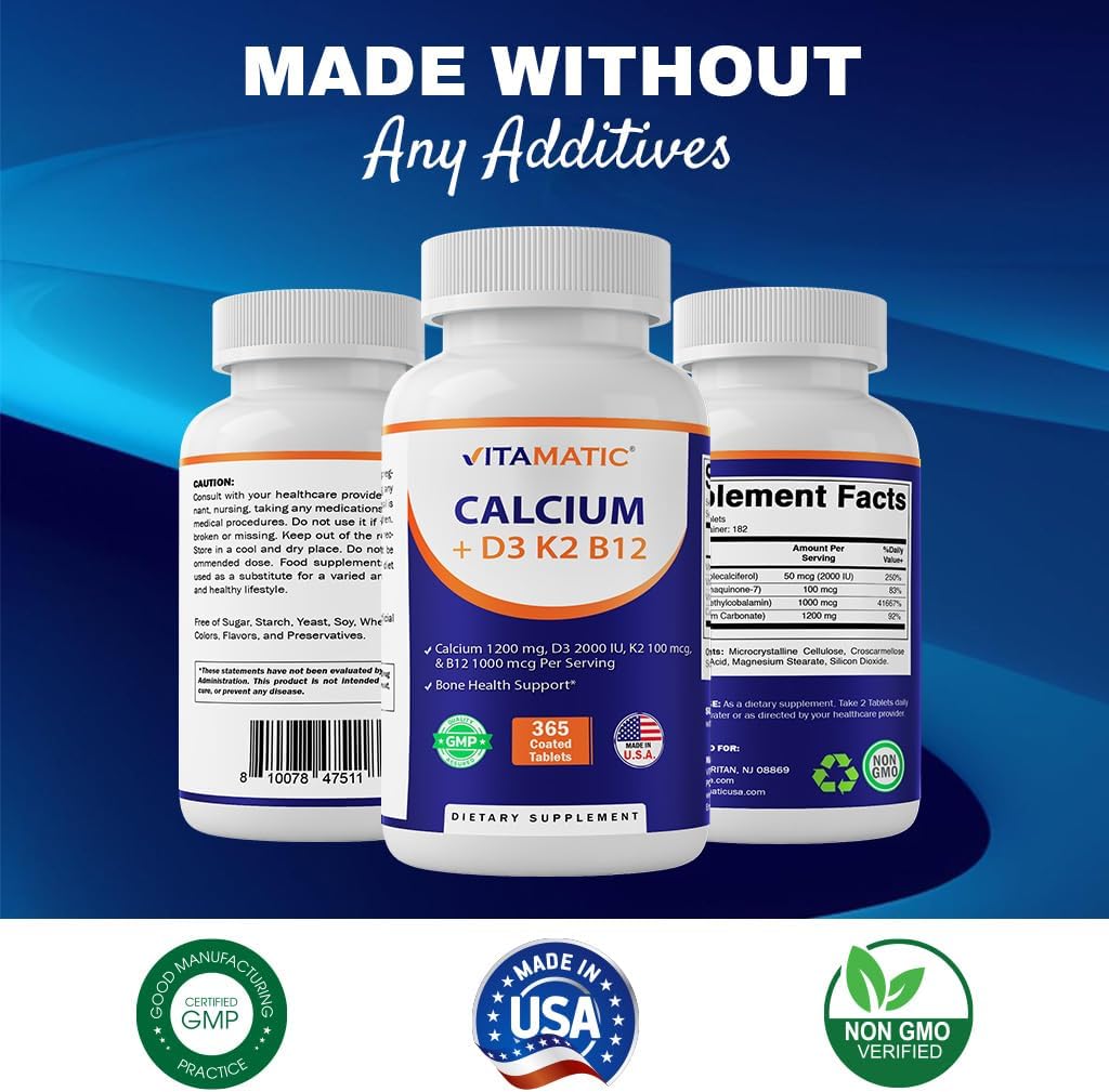 Vitamatic Calcium Supplement 1200mg with D3, K2 & B12, Immune & Bone Health Support - 365 Coated Tablets