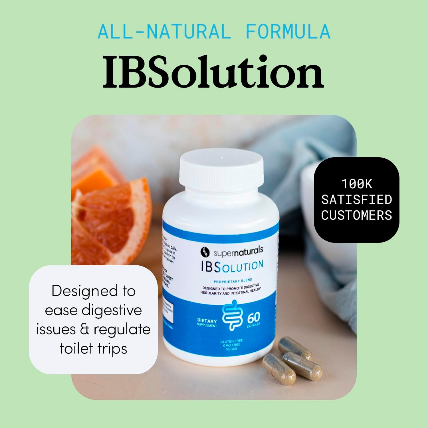 SuperNaturals IBSolution - Made in USA, Non-GMO, Gluten Free & Vegan (60 Capsules) - Digestive Gut Health Supplement With Psyllium Husk - Gas, Bloating, Diarrhea, Constipation Relief, Abdominal Pain