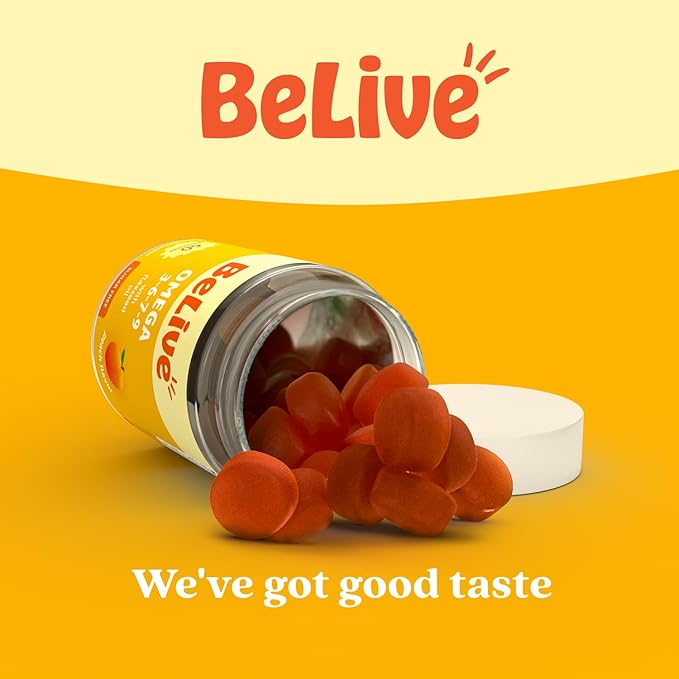 BeLive Organic Omega 3 Gummies - Omega 3 6 9 7 DHA & EPA from Flaxseed Oil & Sea Buckthorn Fruit Oil, Vegan, for Kids & Adults, Full Body, Brain & Eye Support, Sugar Free – Peach | 5-Pack