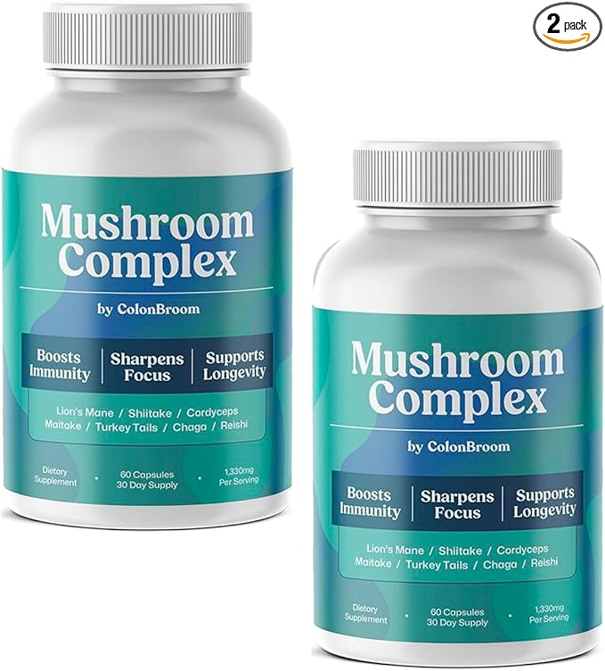 ColonBroom Mushroom Complex, Powerful Mushroom Blend with Cordyceps, Reishi, Shiitake, Lion’s Mane Extract for Energy, Immunity, Stress Relief & Cognitive Health - 60 Capsules (120 Count (Pack of 2))