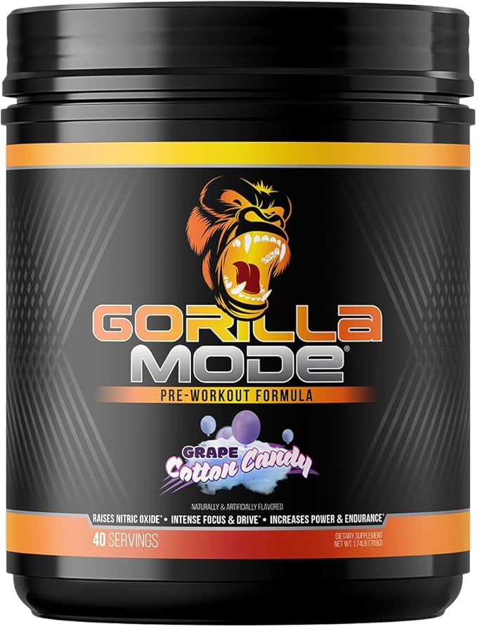 Gorilla Mode Pre Workout - Massive Pumps Laser Focus Energy Power - L-Citrulline, Creatine, L-Tyrosine, Betaine, Hydroprime, Alpha-GPC, 400mg Caffeine, Huperzine A 786g (Cotton Candy Grape)